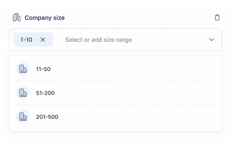 Screenshot of a company size filter with only broad ranges available: 1-10, 11-50, 51-200, 201-500.